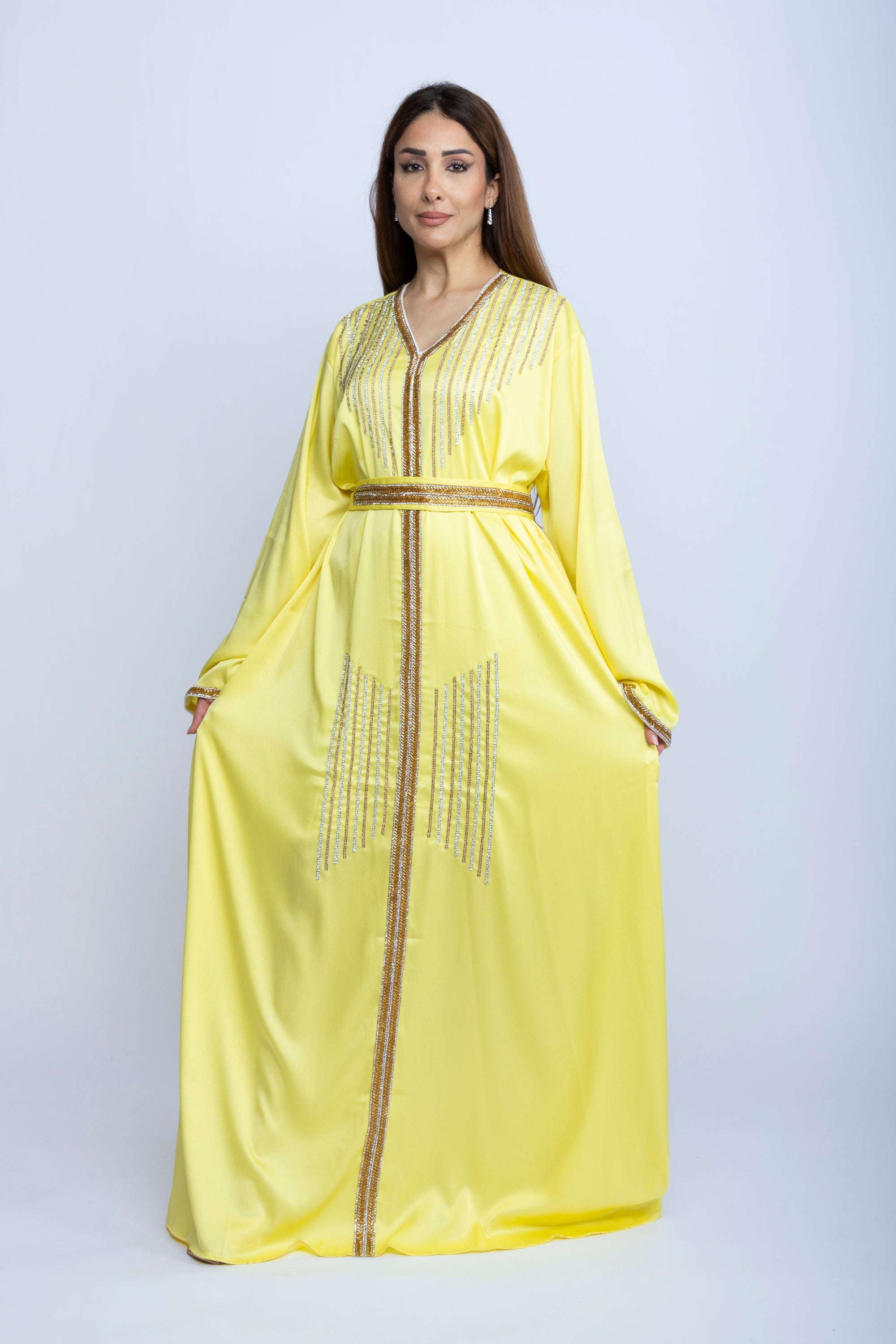 Lemon Gleam Emarati Satin Kaftan