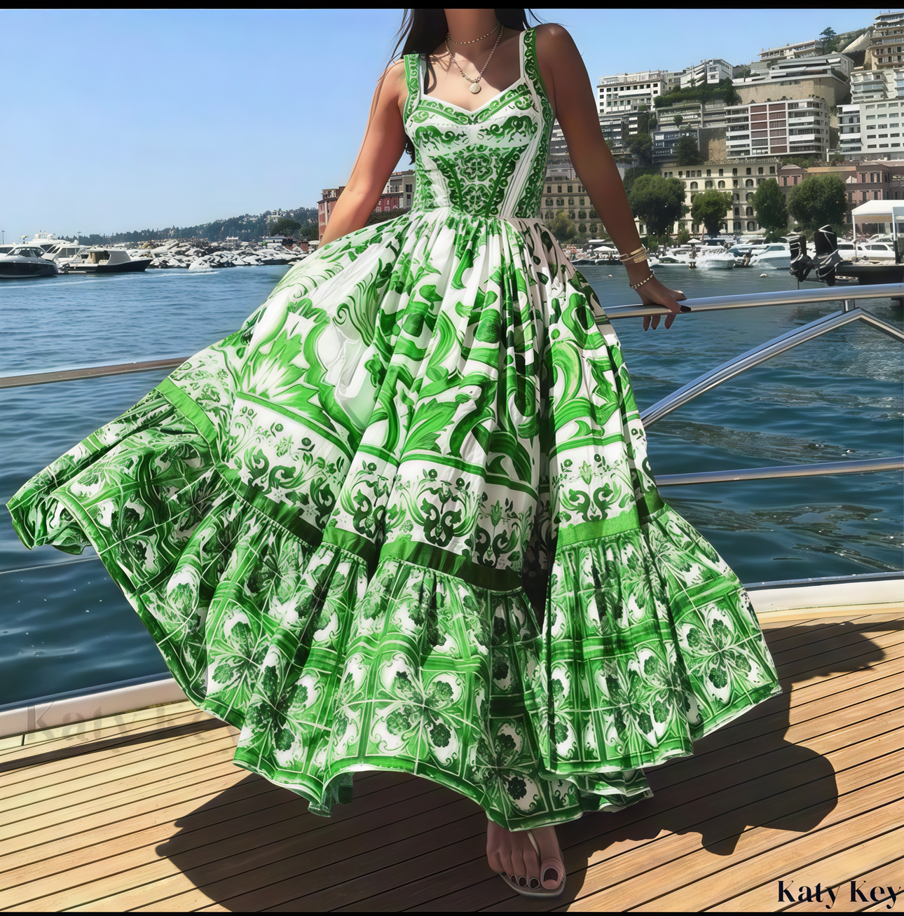 Emerald Elegance Tile Print Maxi Dress