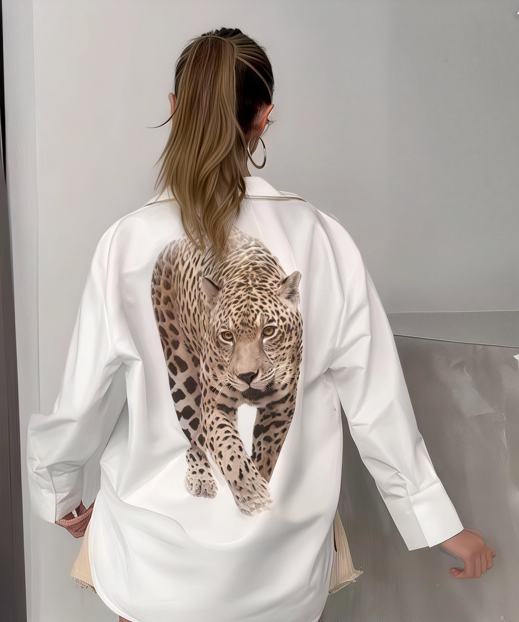 White Oversized Shirt with Leopard Back Print