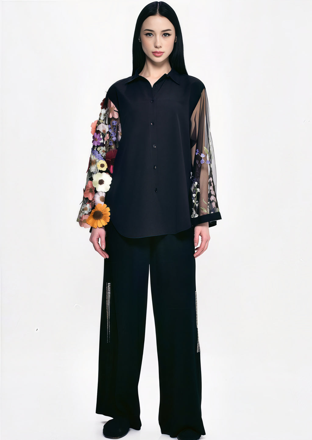 Midnight Bloom Sheer-Sleeve Shirt