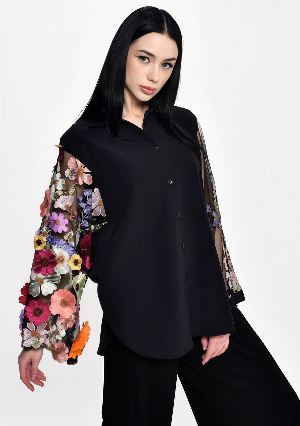 Midnight Bloom Sheer-Sleeve Shirt