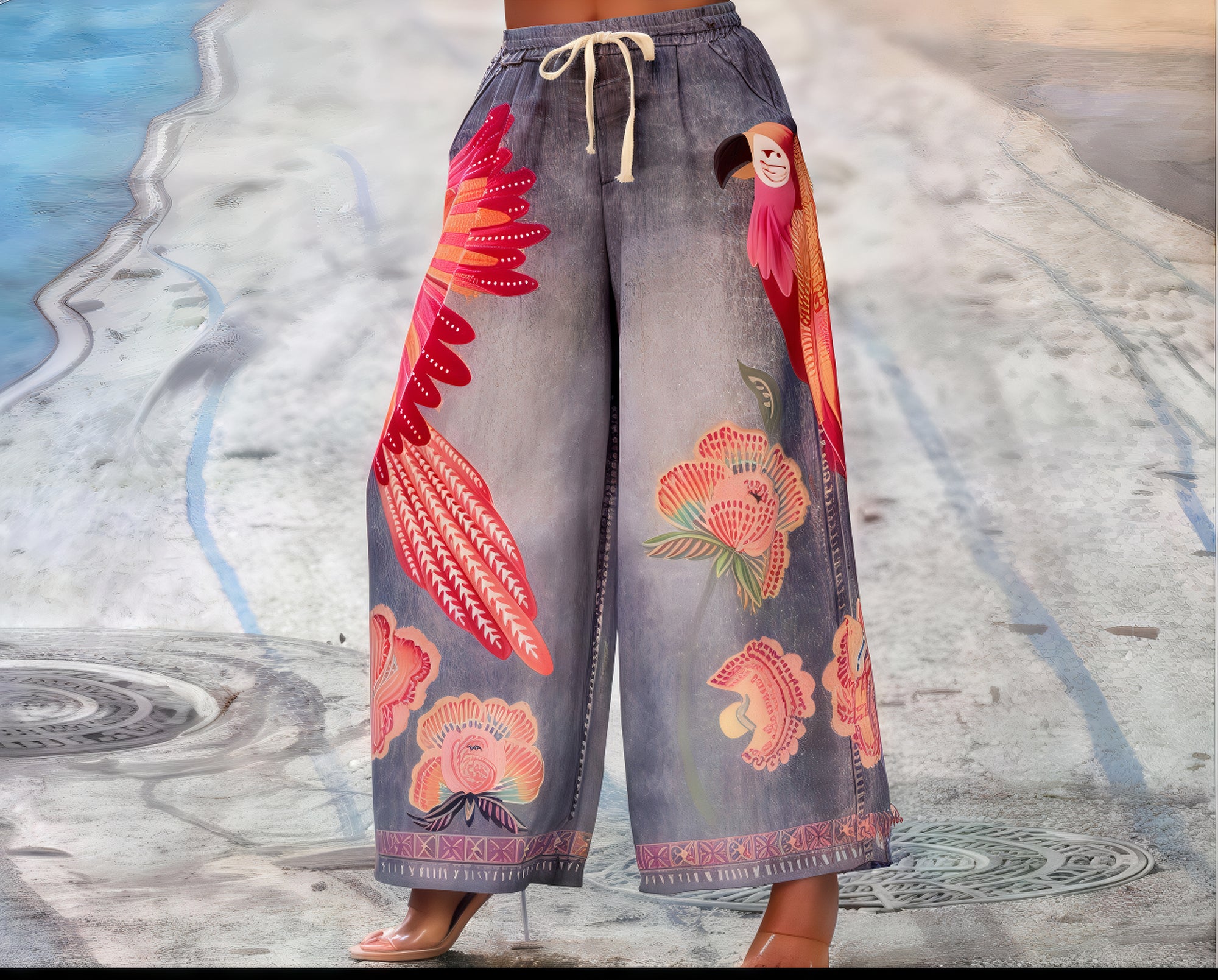 Boho Parrot Print Wide-Leg Pants