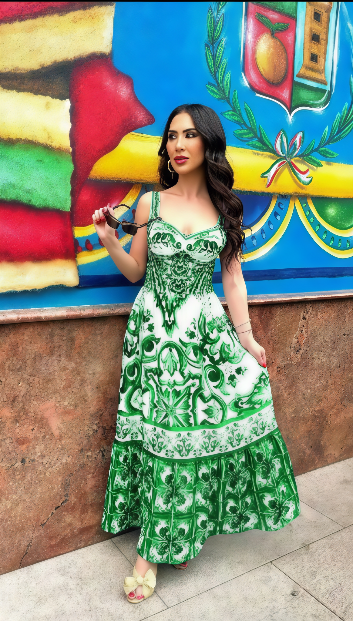 Emerald Elegance Tile Print Maxi Dress