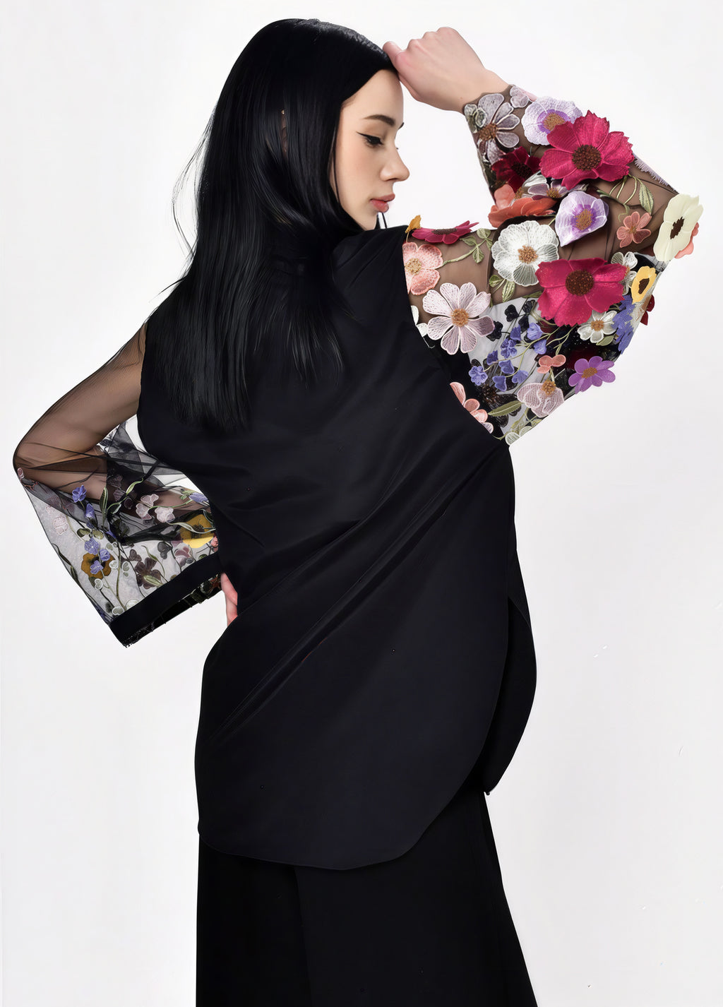 Midnight Bloom Sheer-Sleeve Shirt