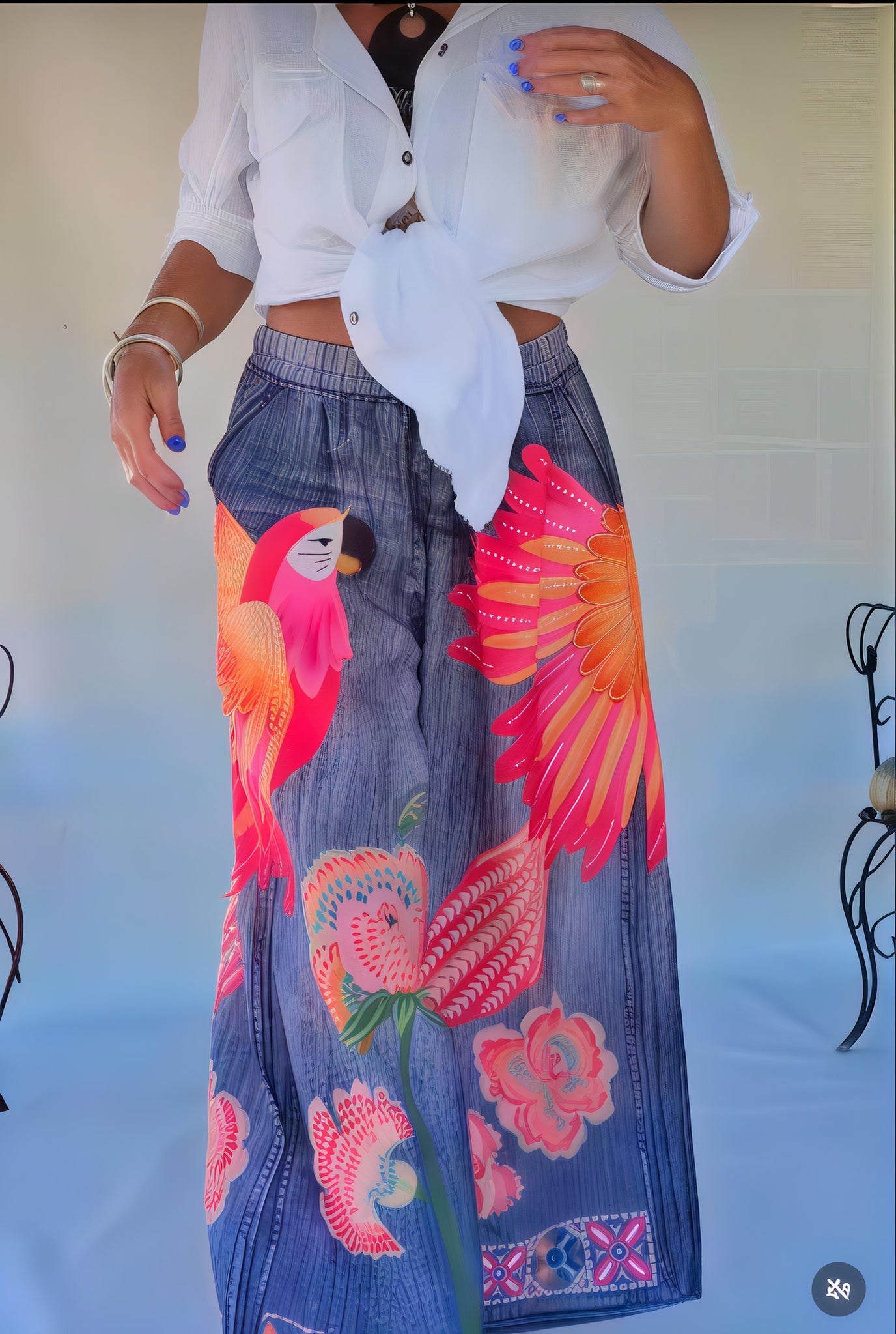 Boho Parrot Print Wide-Leg Pants