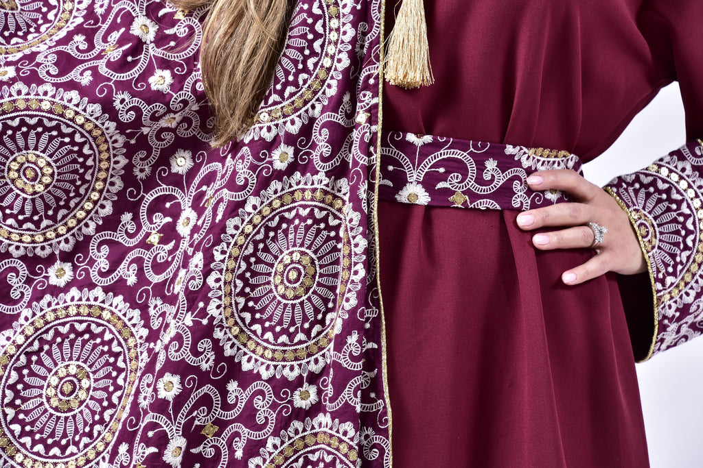 Maroon Majesty Kuwaiti Dress with Embroidered Shawl