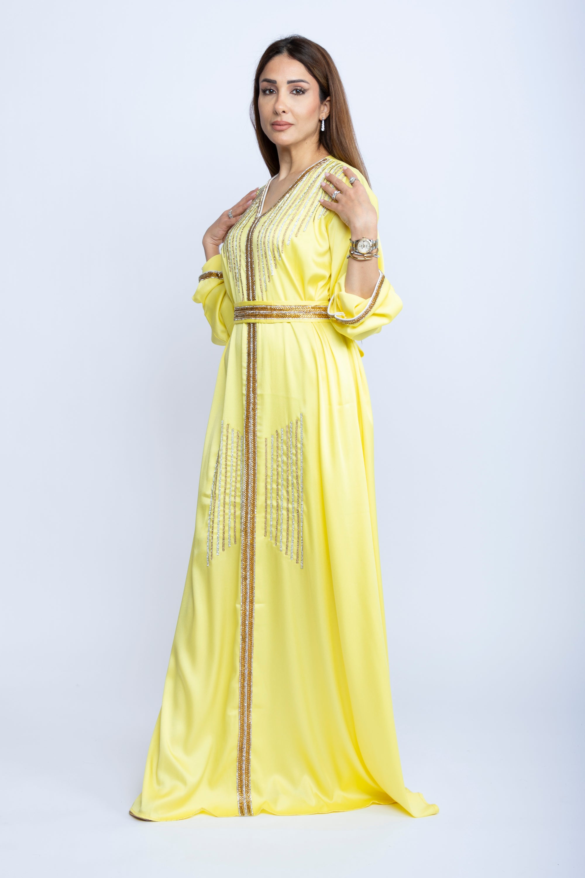 Lemon Gleam Emarati Satin Kaftan