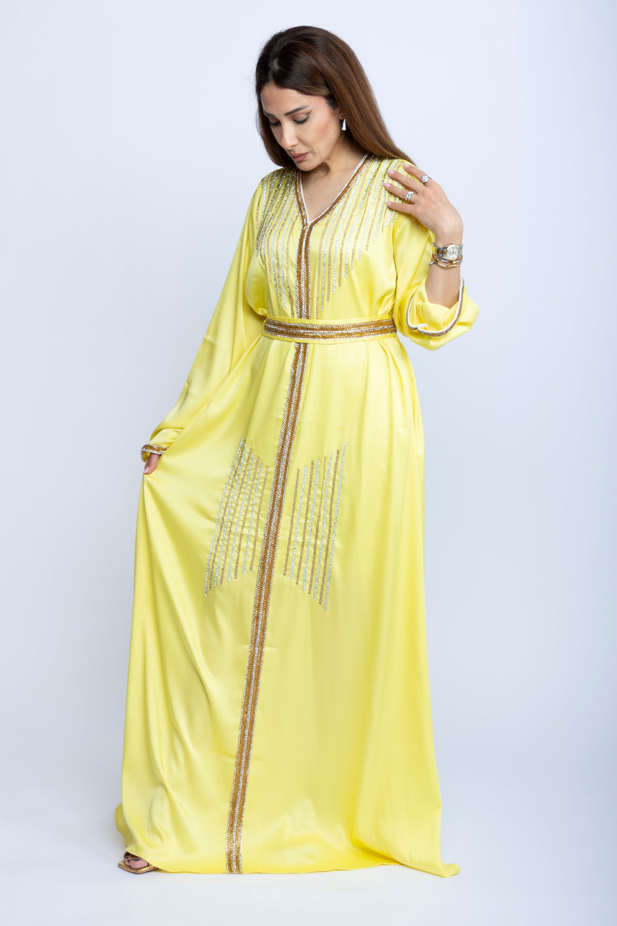 Lemon Gleam Emarati Satin Kaftan