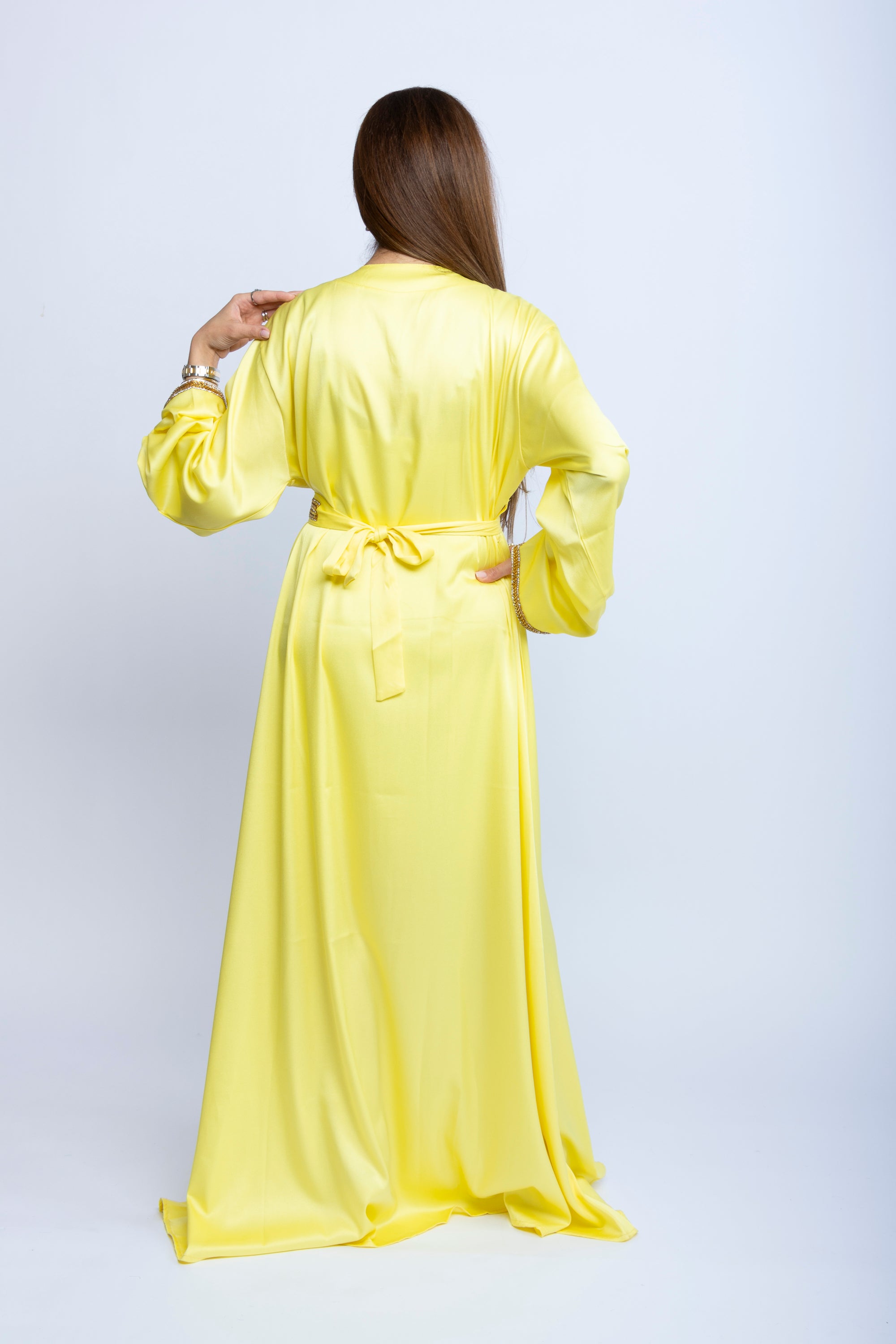 Lemon Gleam Emarati Satin Kaftan
