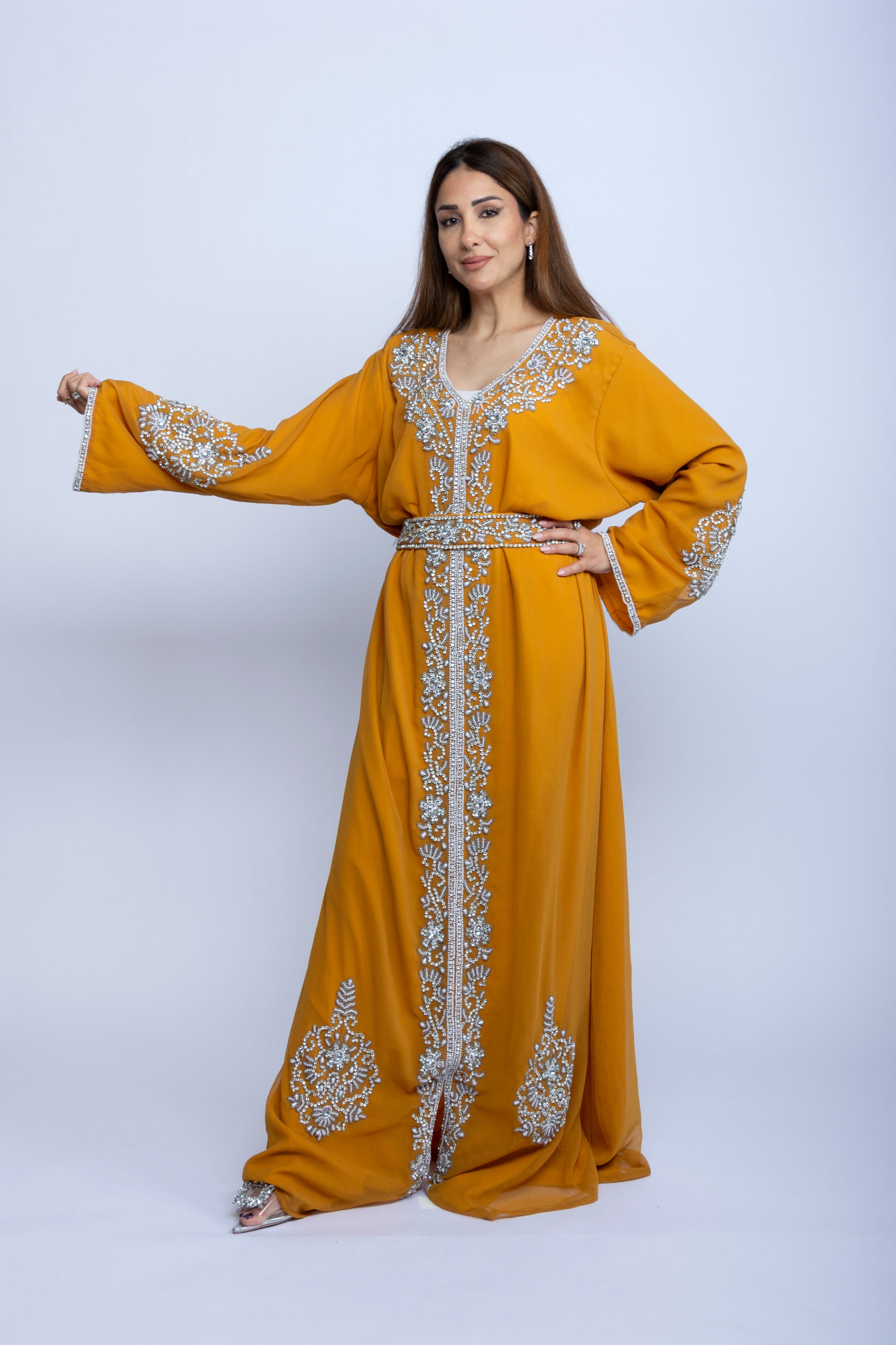 Crystal Bloom Emarati Kaftan in Mustard Orange