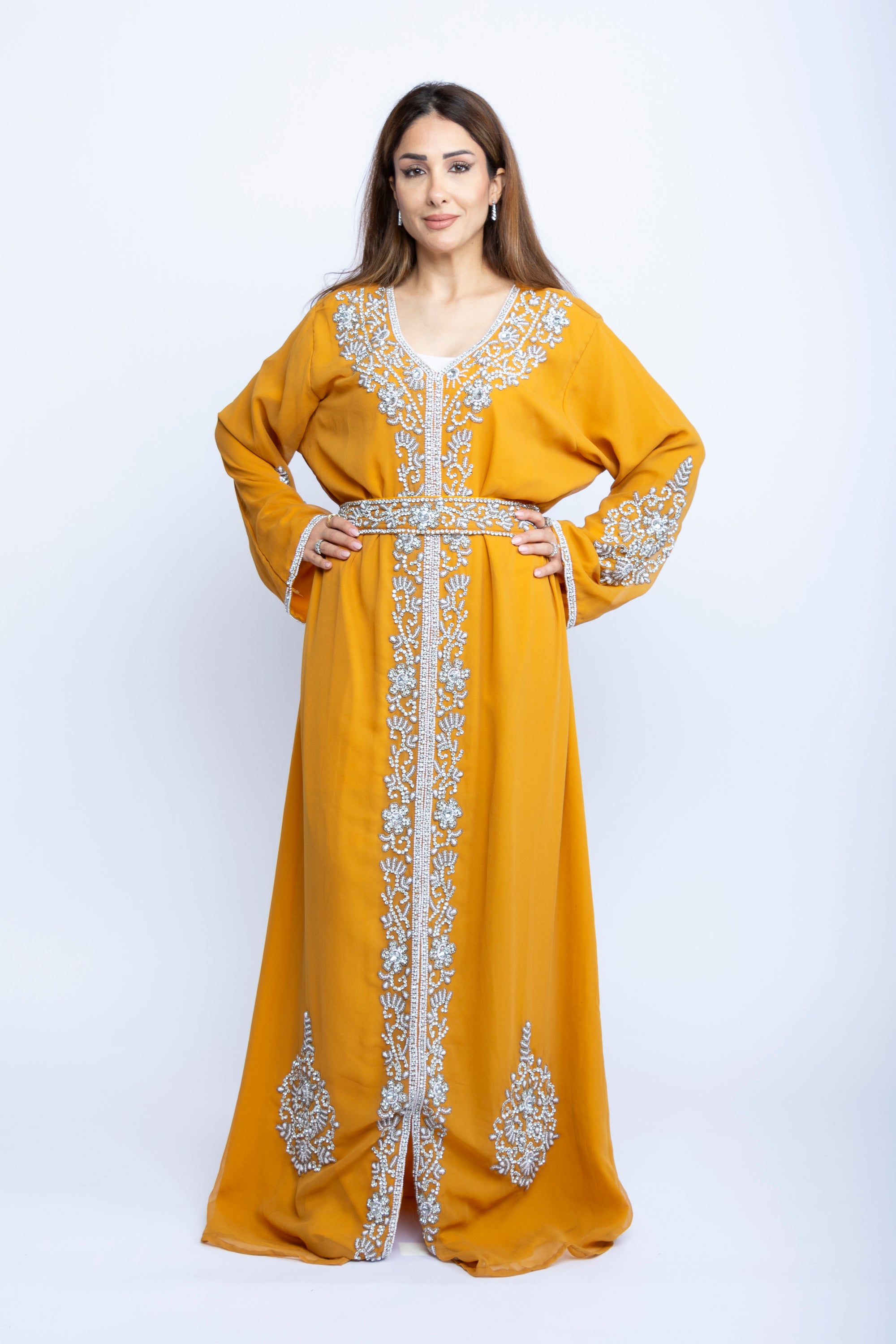 Crystal Bloom Emarati Kaftan in Mustard Orange