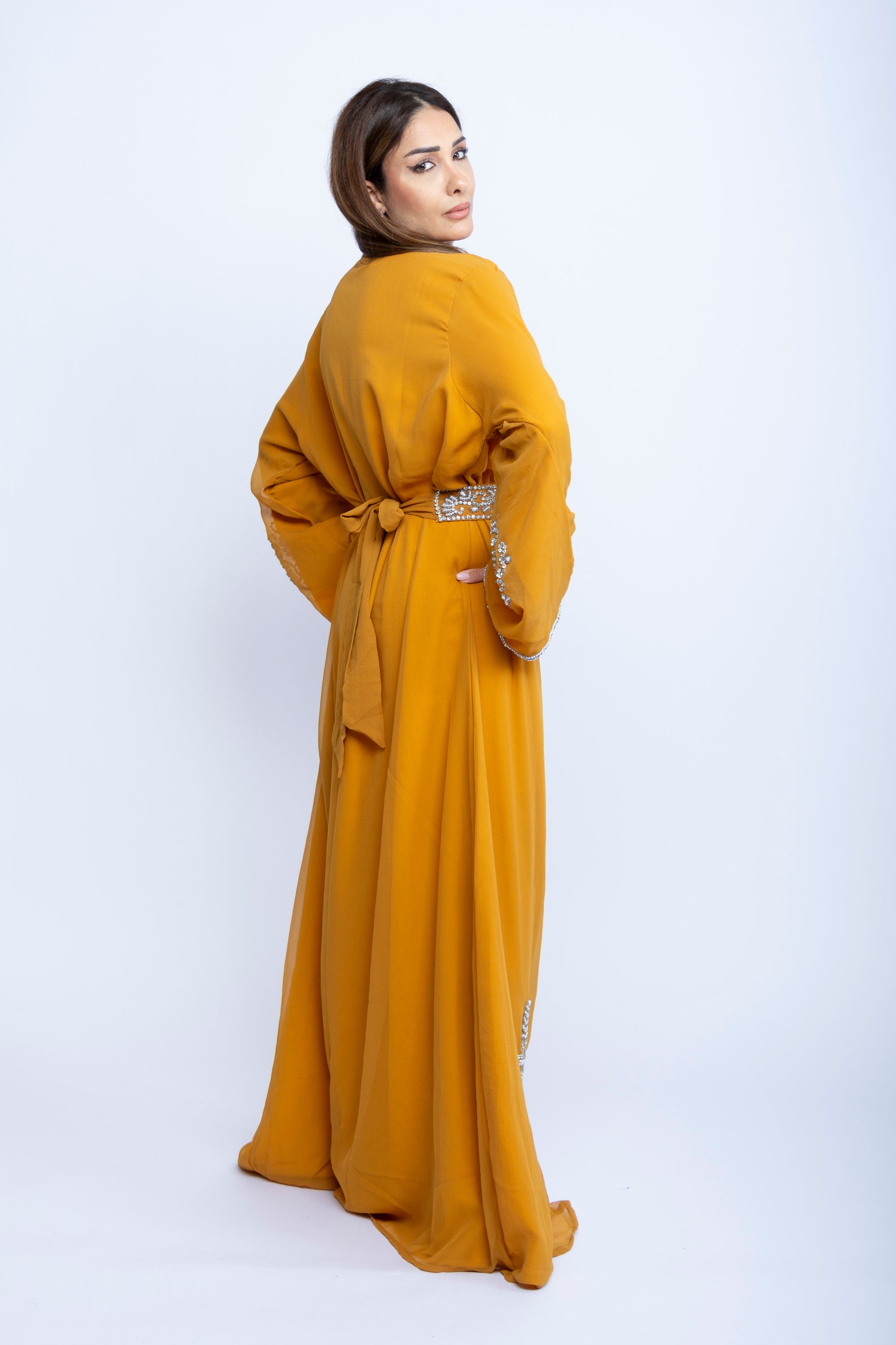 Crystal Bloom Emarati Kaftan in Mustard Orange