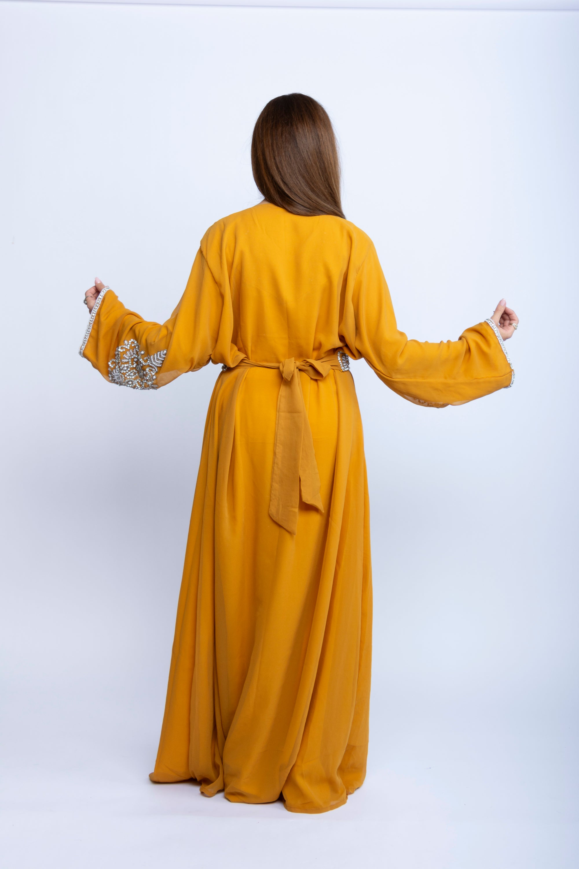 Crystal Bloom Emarati Kaftan in Mustard Orange