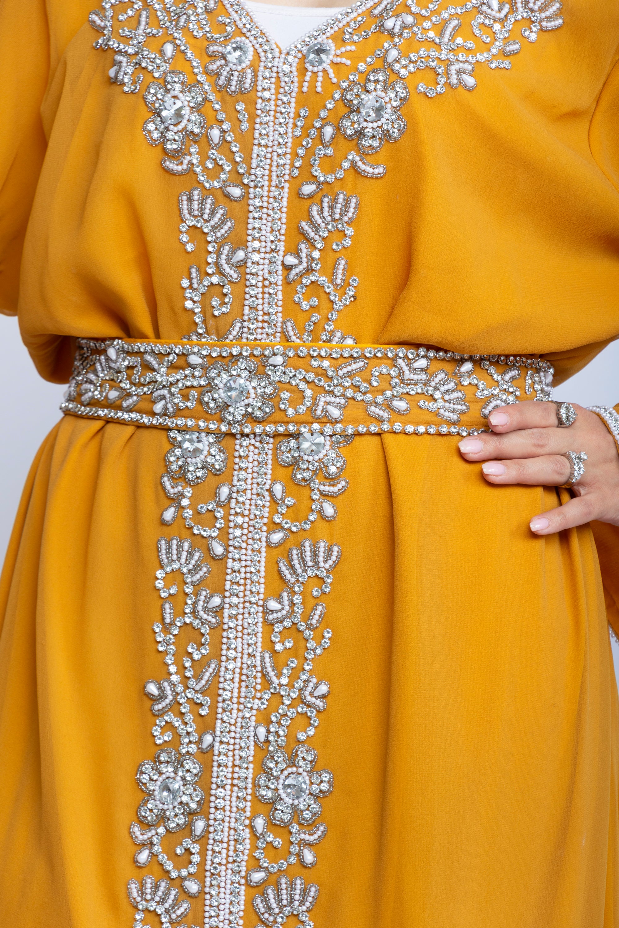 Crystal Bloom Emarati Kaftan in Mustard Orange