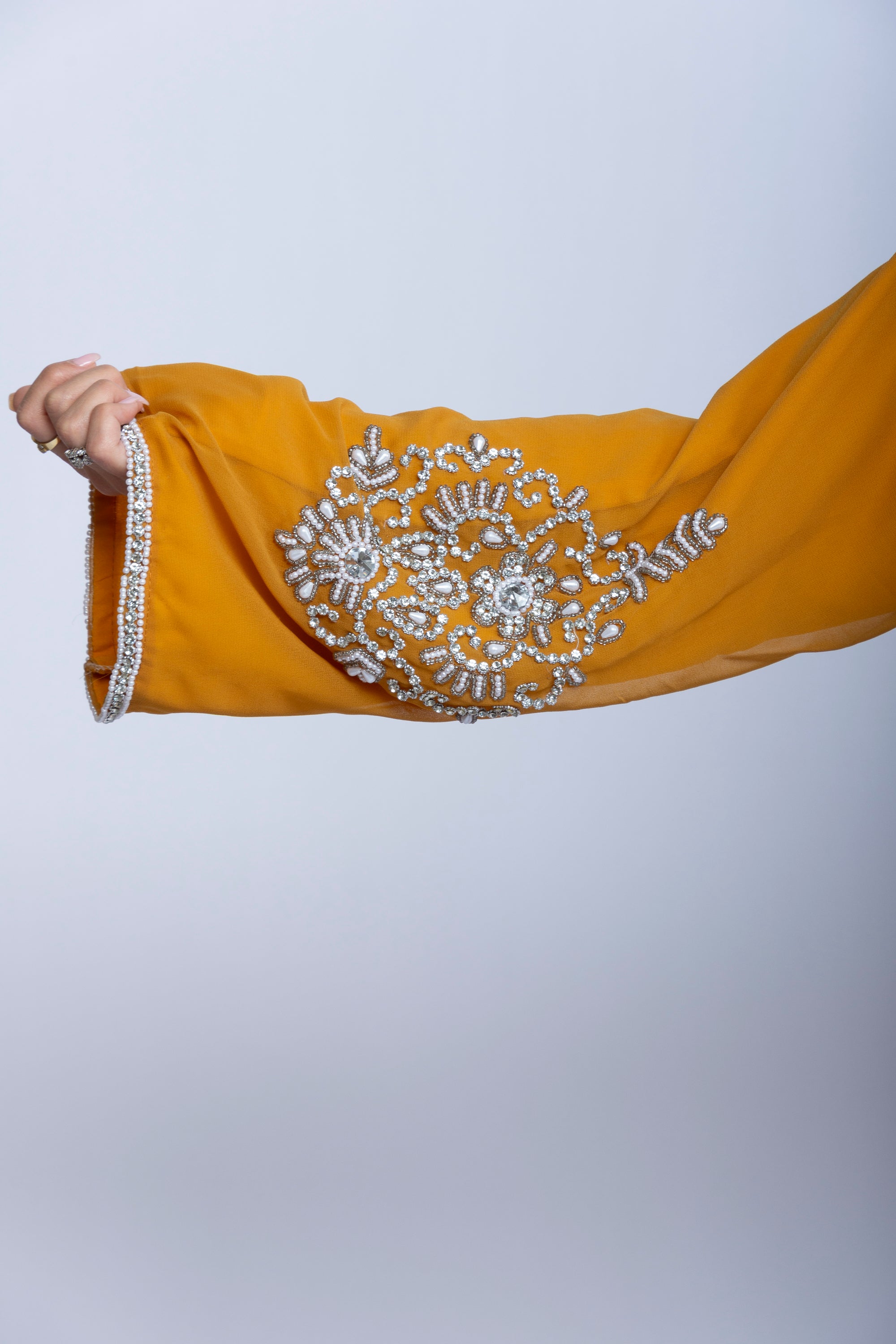 Crystal Bloom Emarati Kaftan in Mustard Orange
