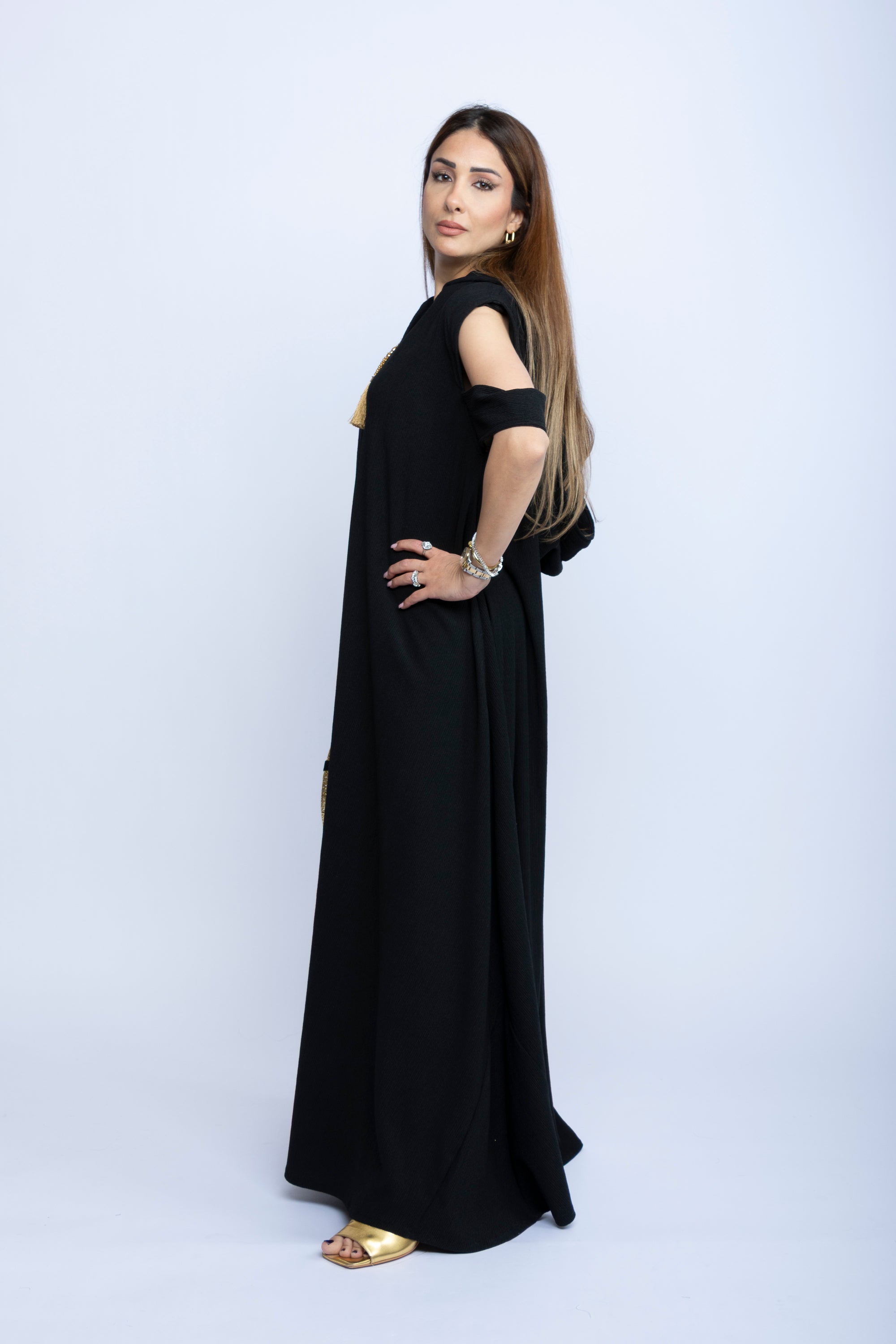 Noir Elegance Cut-Sleeve Kaftan