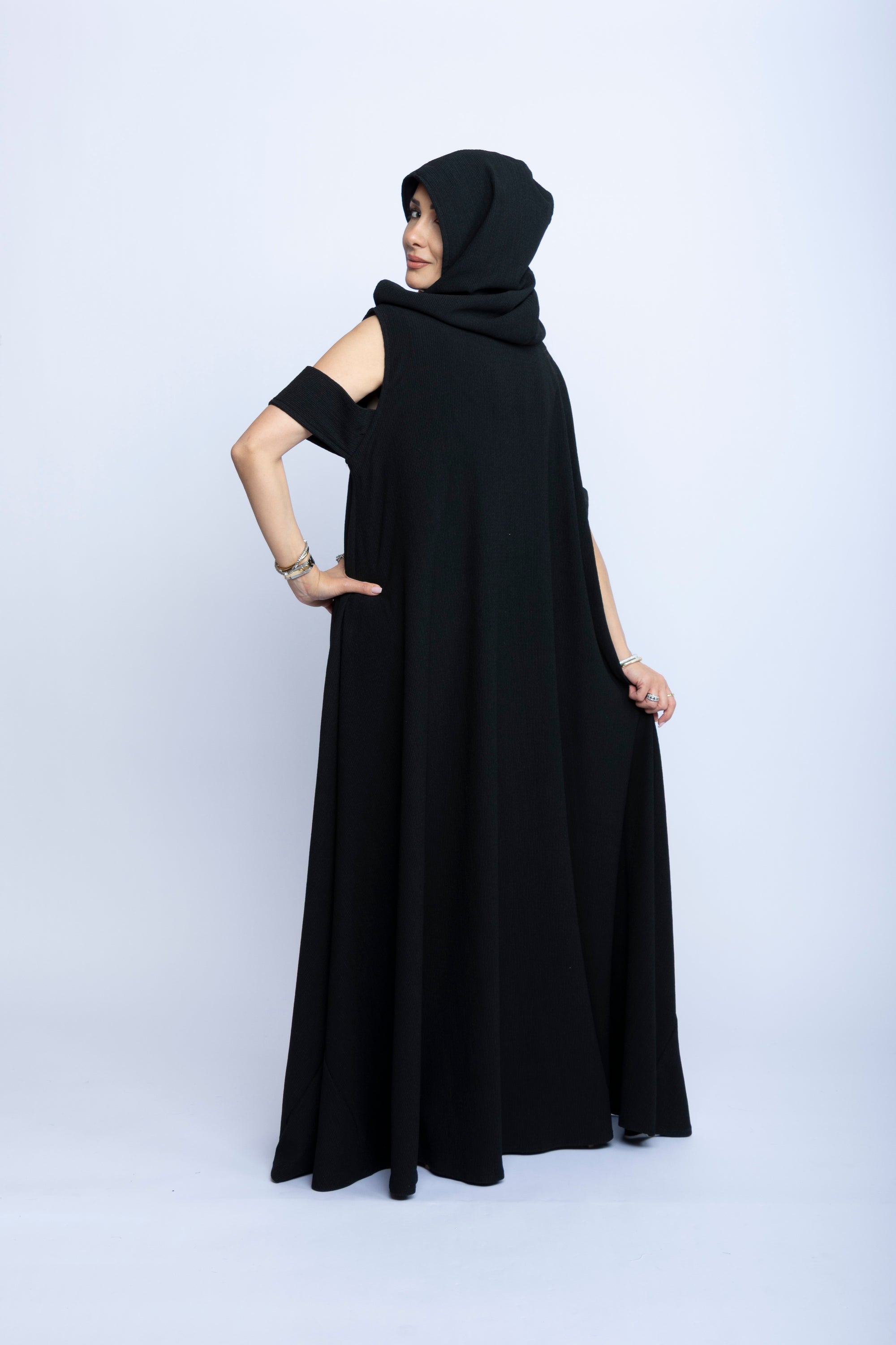 Noir Elegance Cut-Sleeve Kaftan