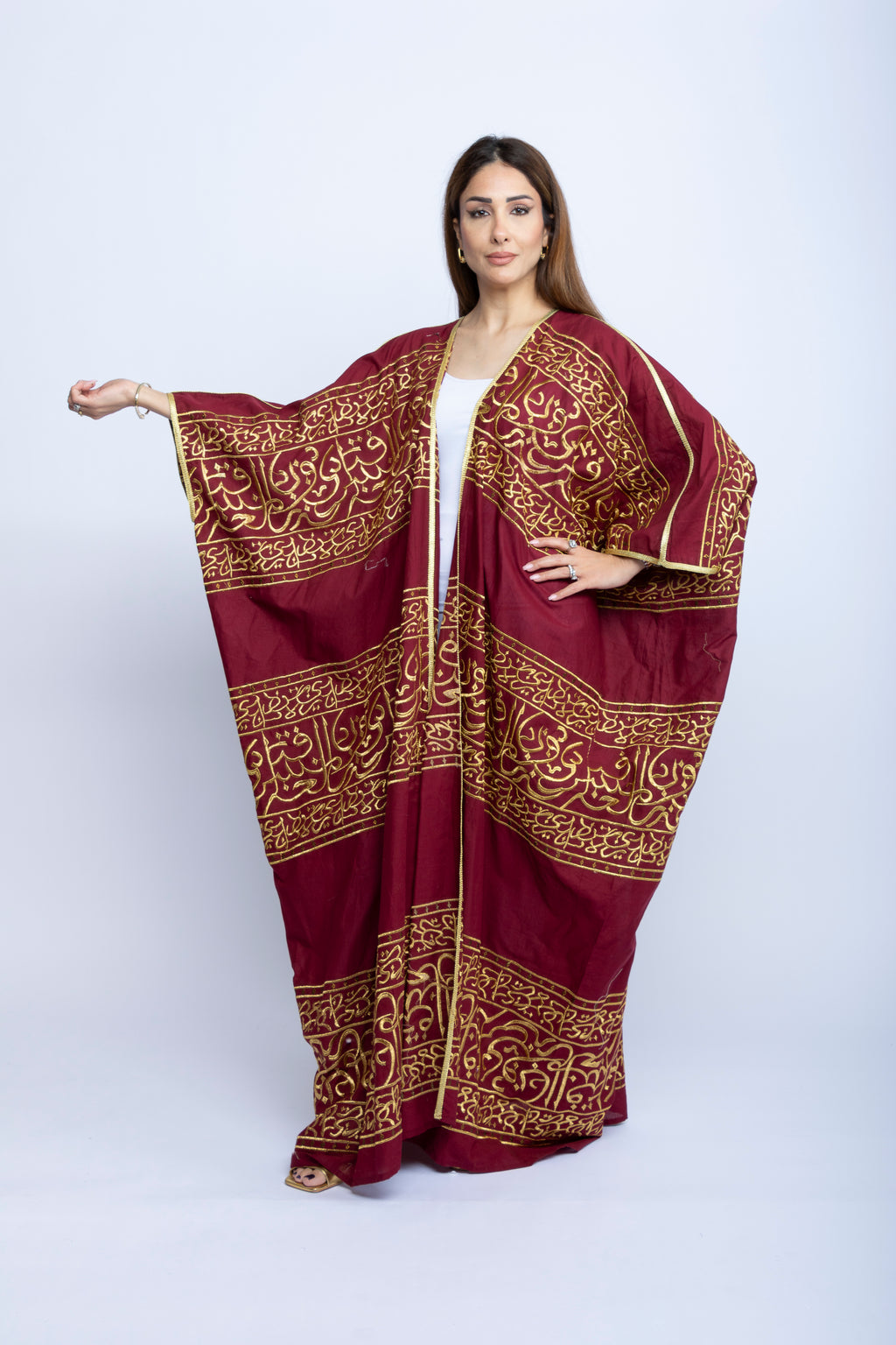 Maroon Cotton Bishit with Golden Arabic Calligraphy Embroidery
