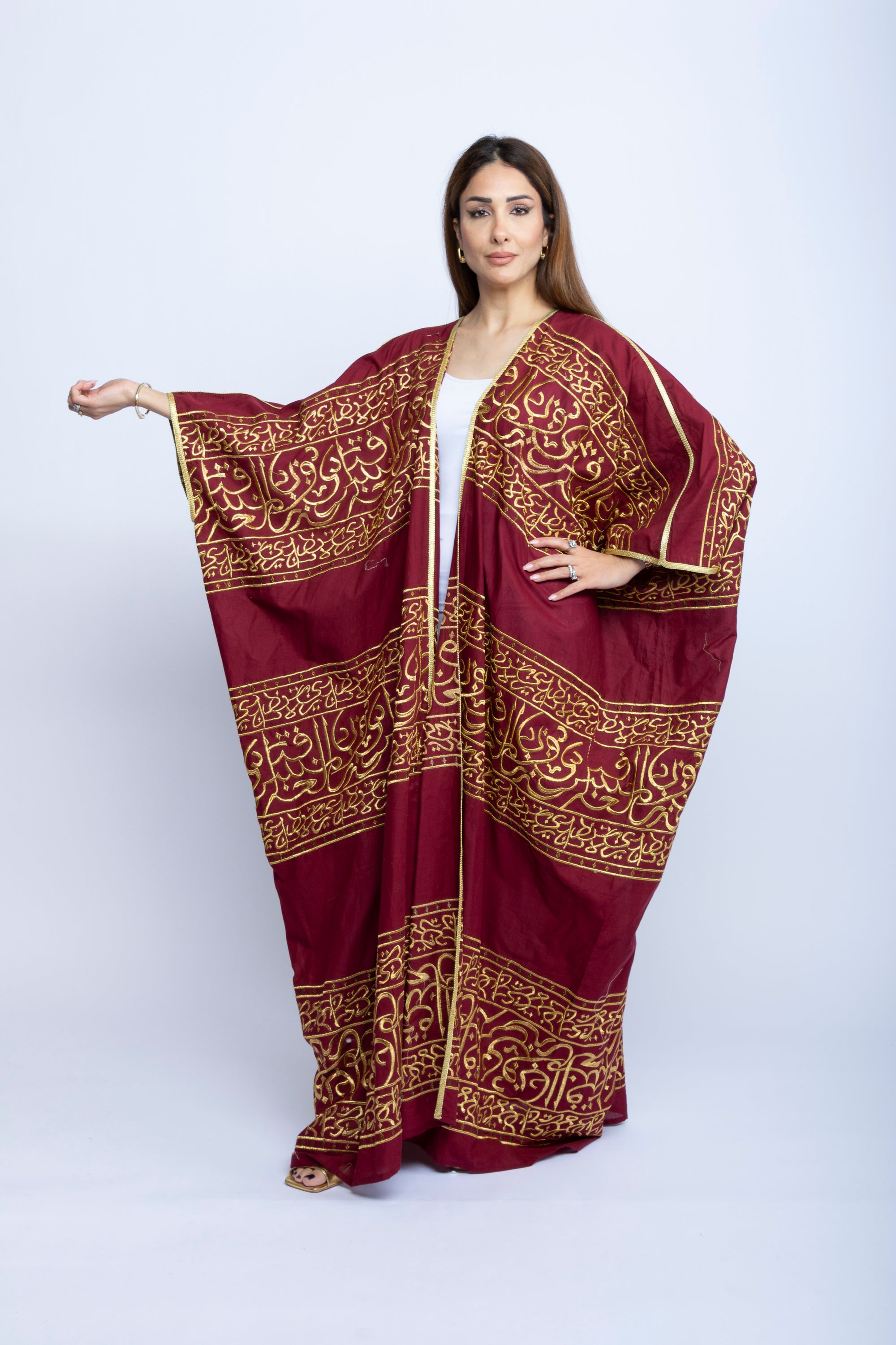 Maroon Cotton Bishit with Golden Arabic Calligraphy Embroidery
