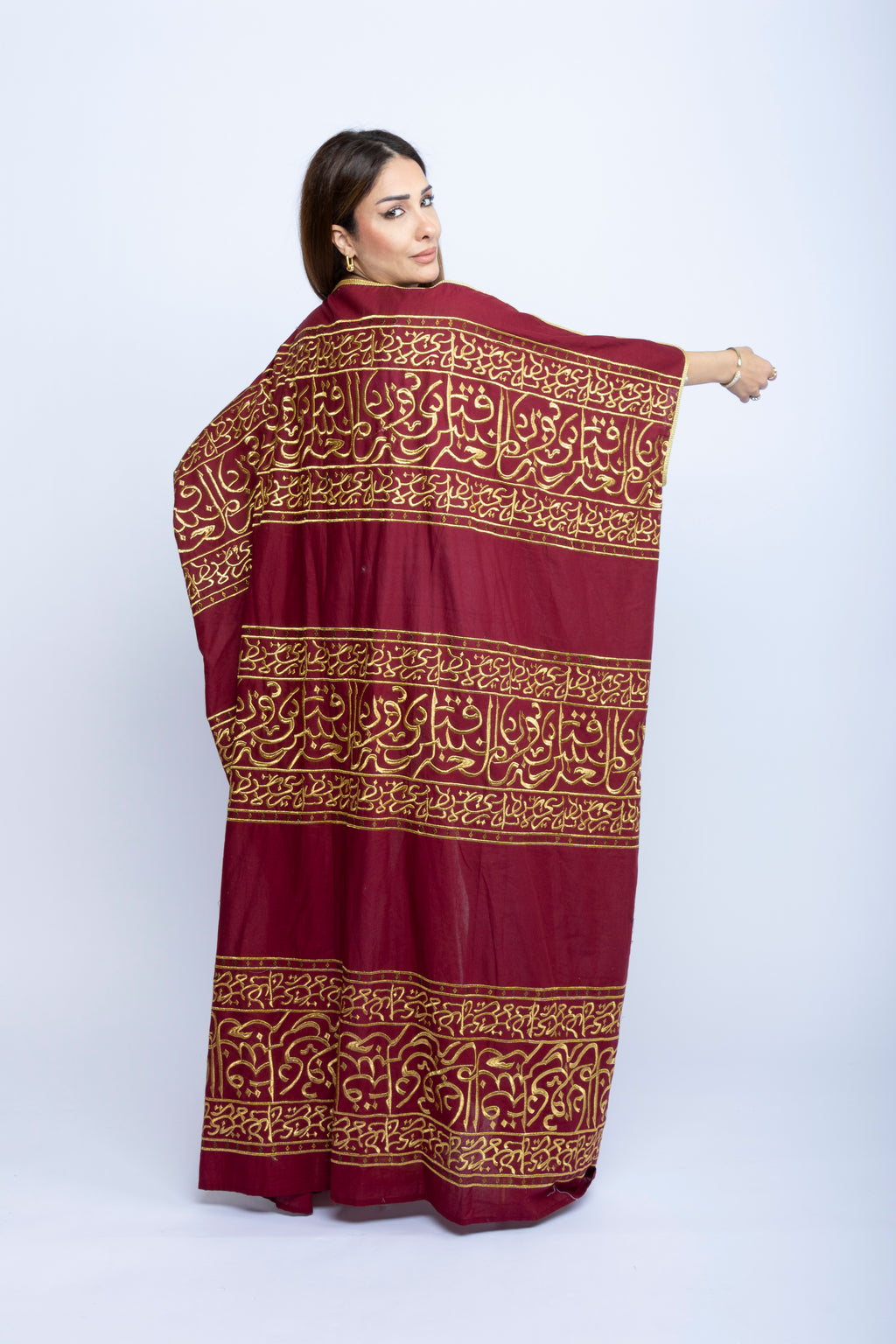 Maroon Cotton Bishit with Golden Arabic Calligraphy Embroidery