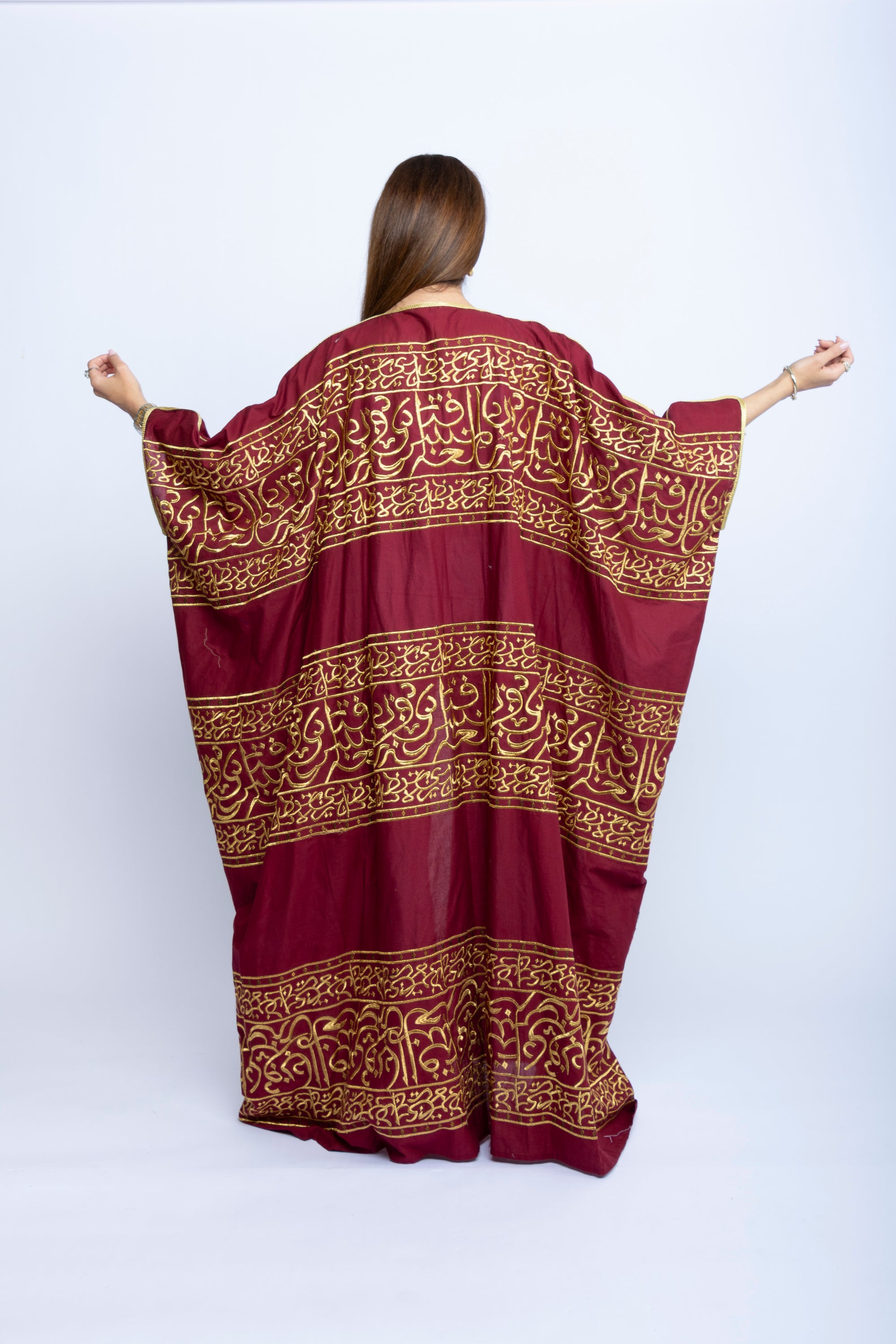 Maroon Cotton Bishit with Golden Arabic Calligraphy Embroidery