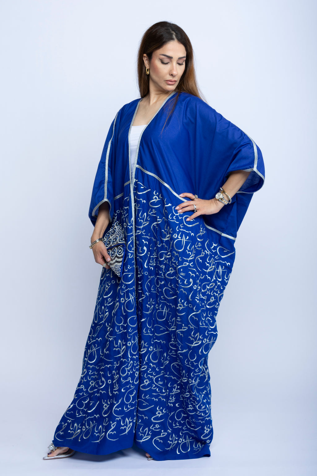 Royal Blue Cotton Bishit with Silver Arabic Embroidery