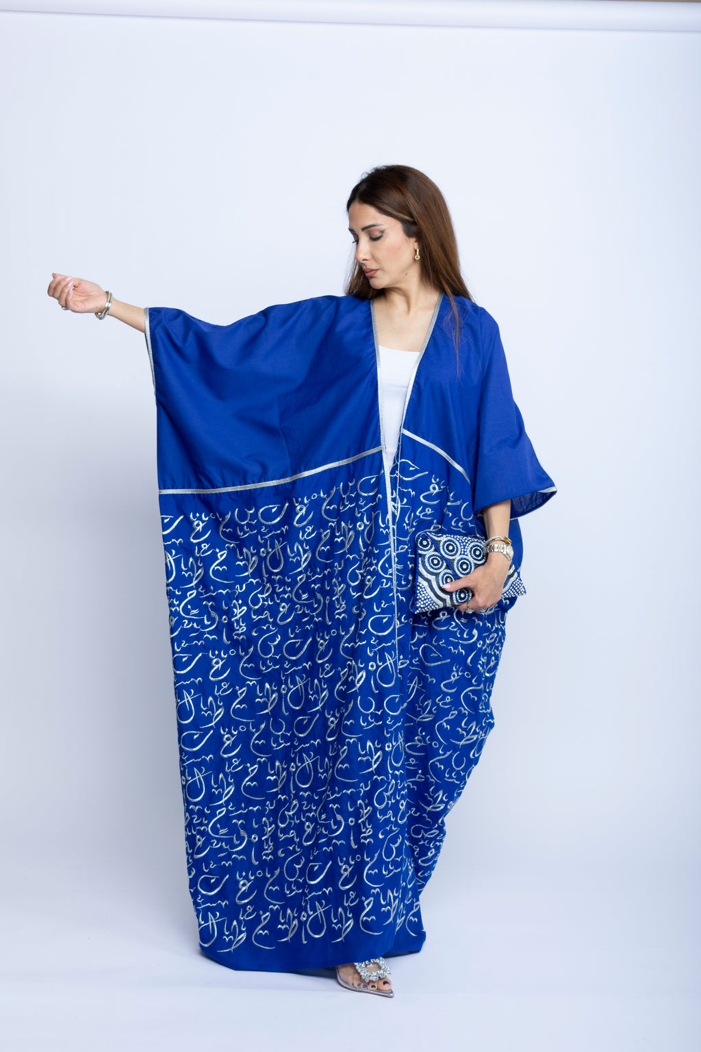 Royal Blue Cotton Bishit with Silver Arabic Embroidery