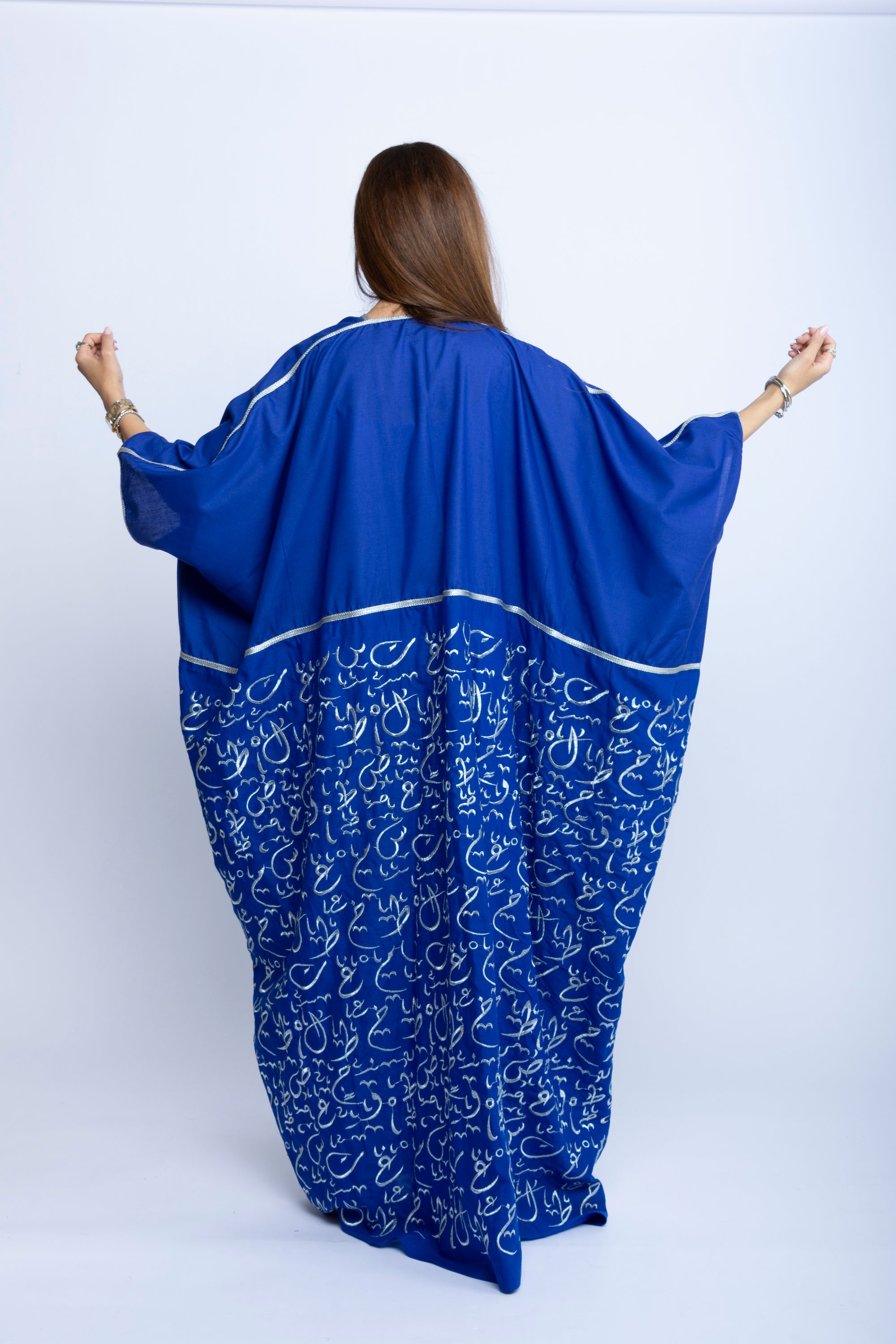 Royal Blue Cotton Bishit with Silver Arabic Embroidery