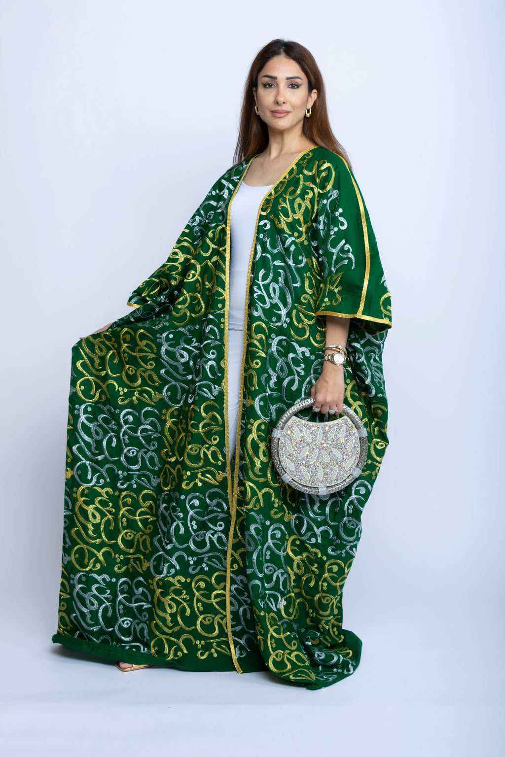 Emerald Green Cotton Bishit with Silver & Gold Arabic Embroidery