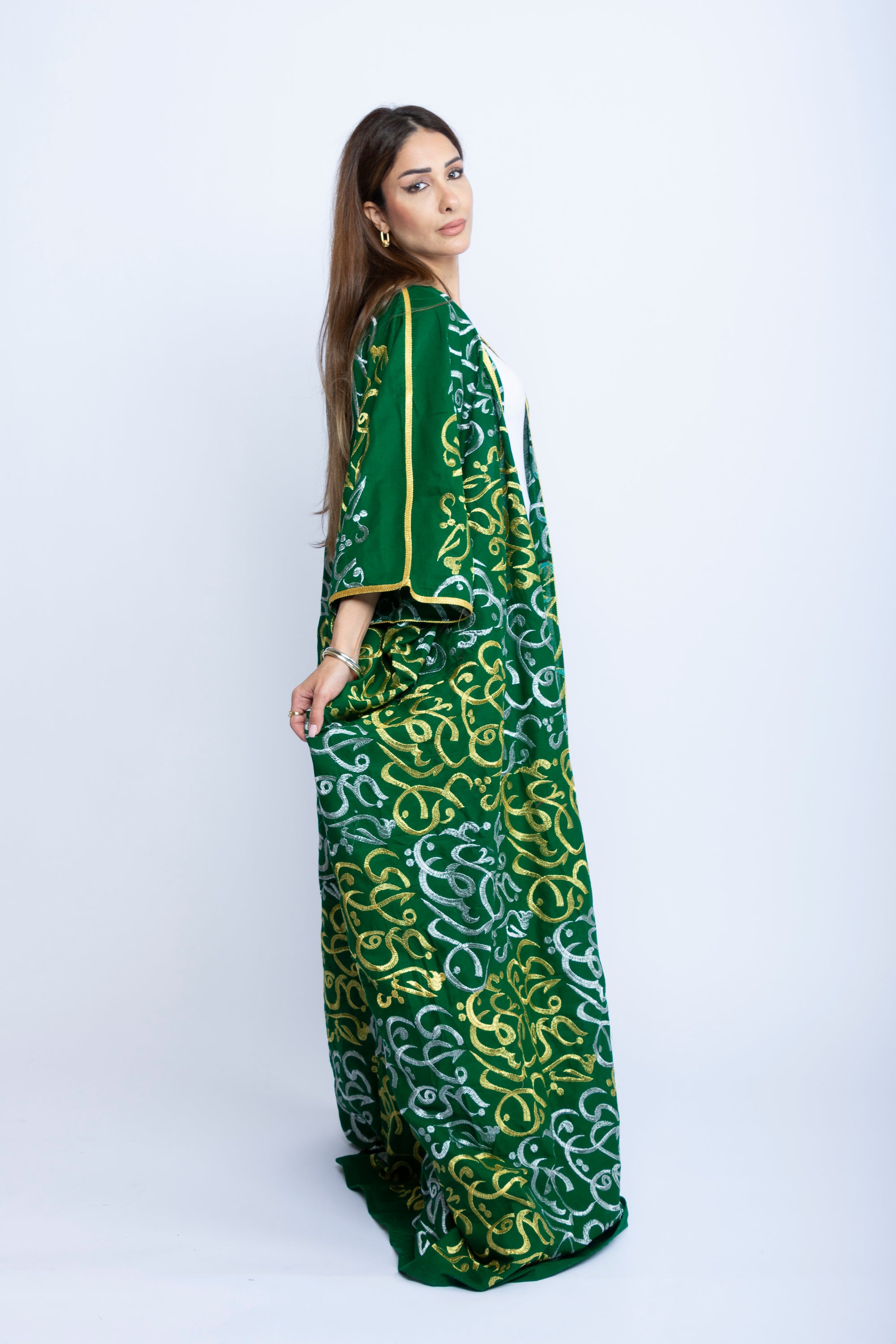 Emerald Green Cotton Bishit with Silver & Gold Arabic Embroidery