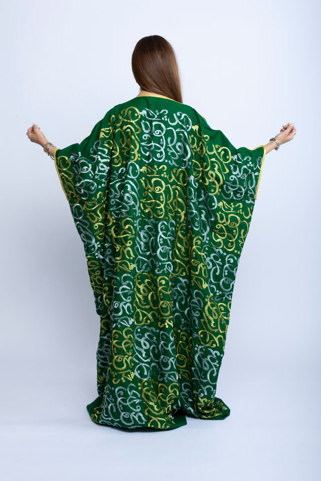 Emerald Green Cotton Bishit with Silver & Gold Arabic Embroidery
