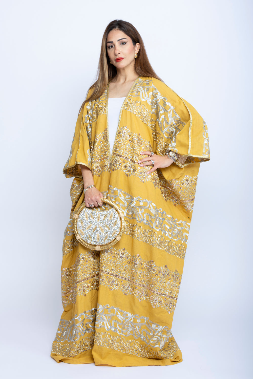 Mustard Yellow Cotton Bishit with Silver & Gold Arabic Embroidery