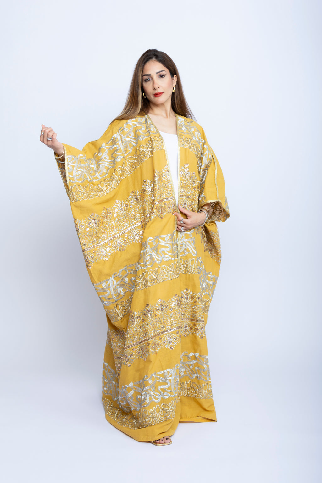 Mustard Yellow Cotton Bishit with Silver & Gold Arabic Embroidery