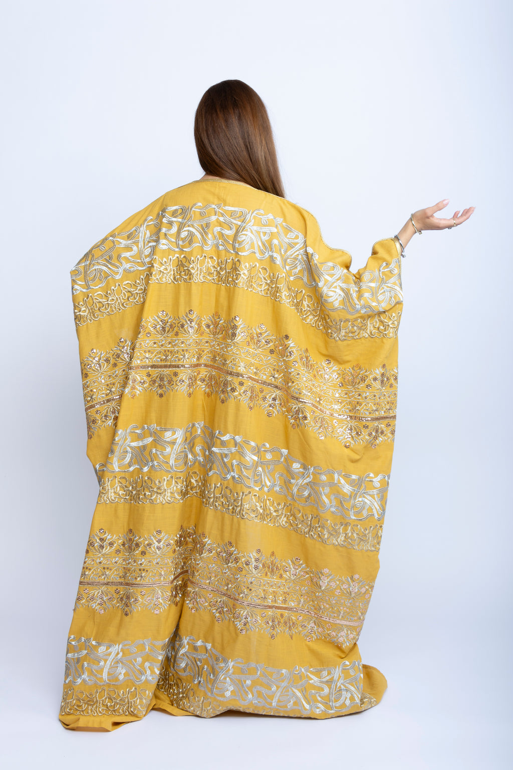 Mustard Yellow Cotton Bishit with Silver & Gold Arabic Embroidery