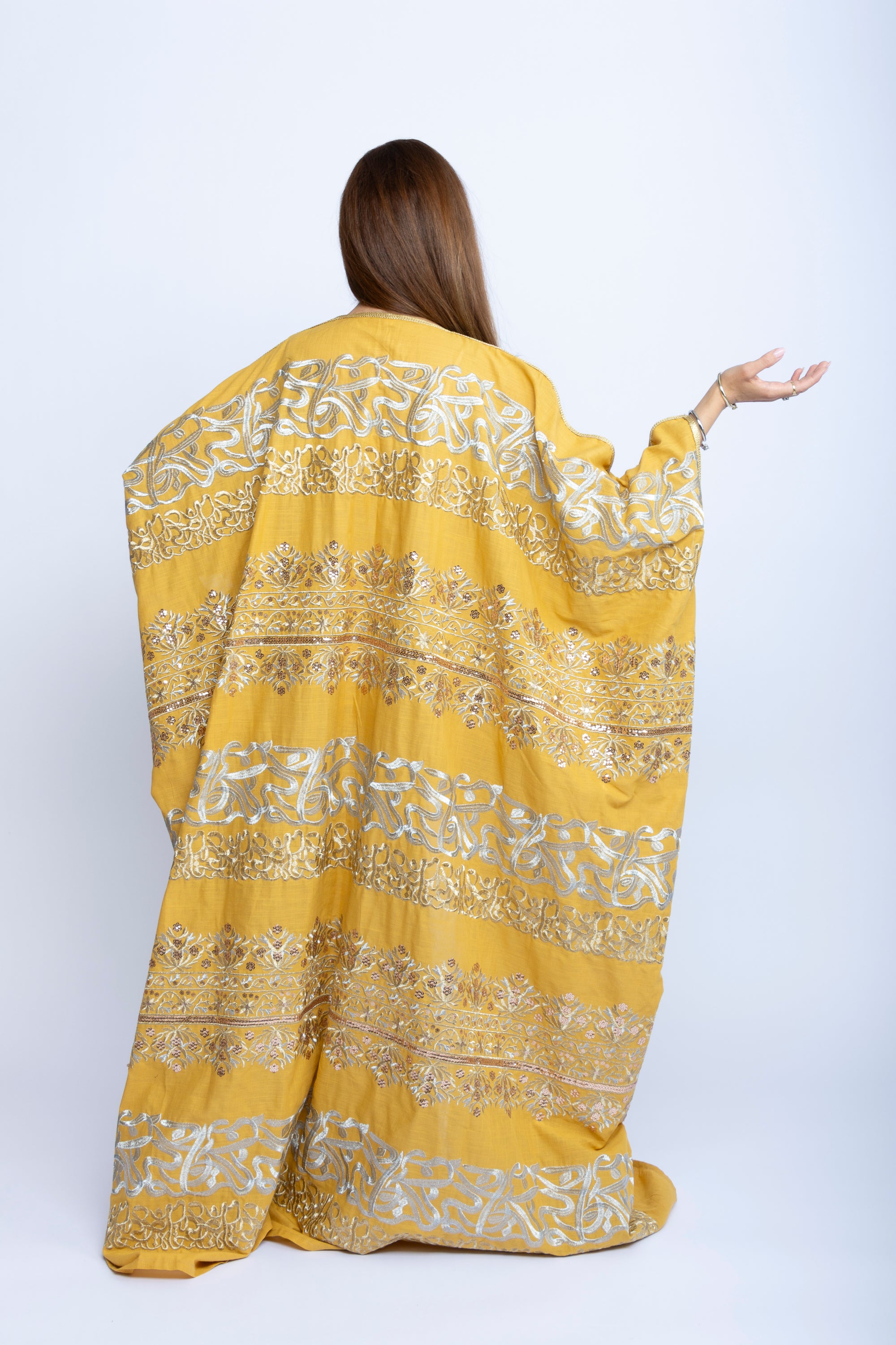 Mustard Yellow Cotton Bishit with Silver & Gold Arabic Embroidery