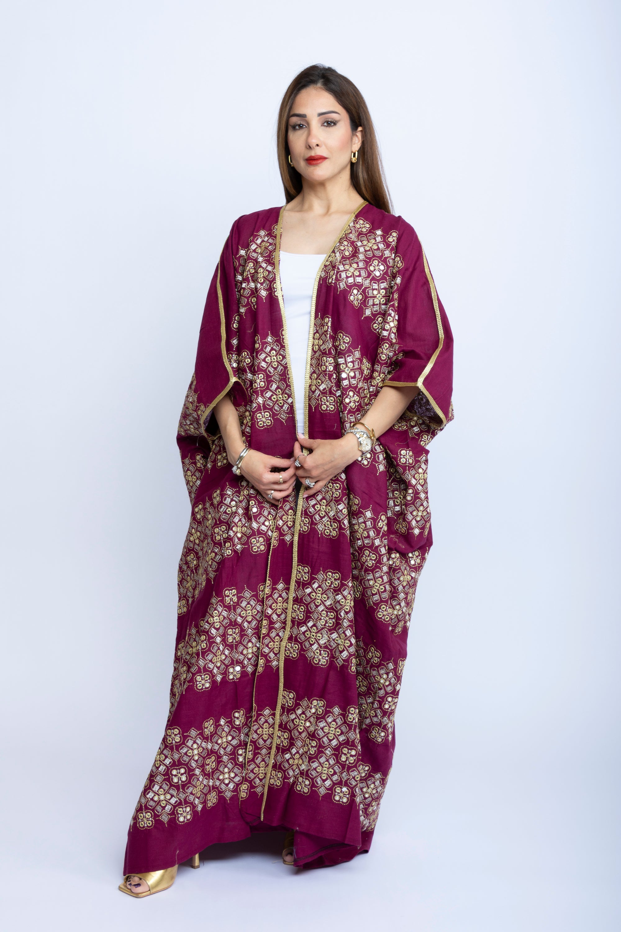 Maroon Cotton Bishit with Silver & Gold Embroidery