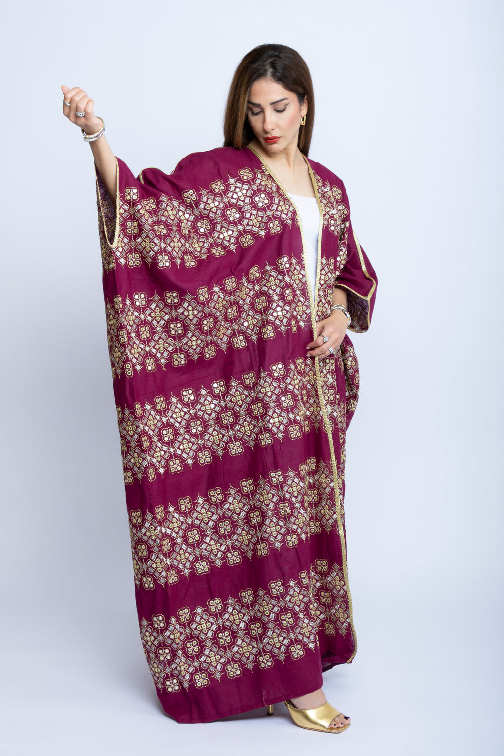 Maroon Cotton Bishit with Silver & Gold Embroidery
