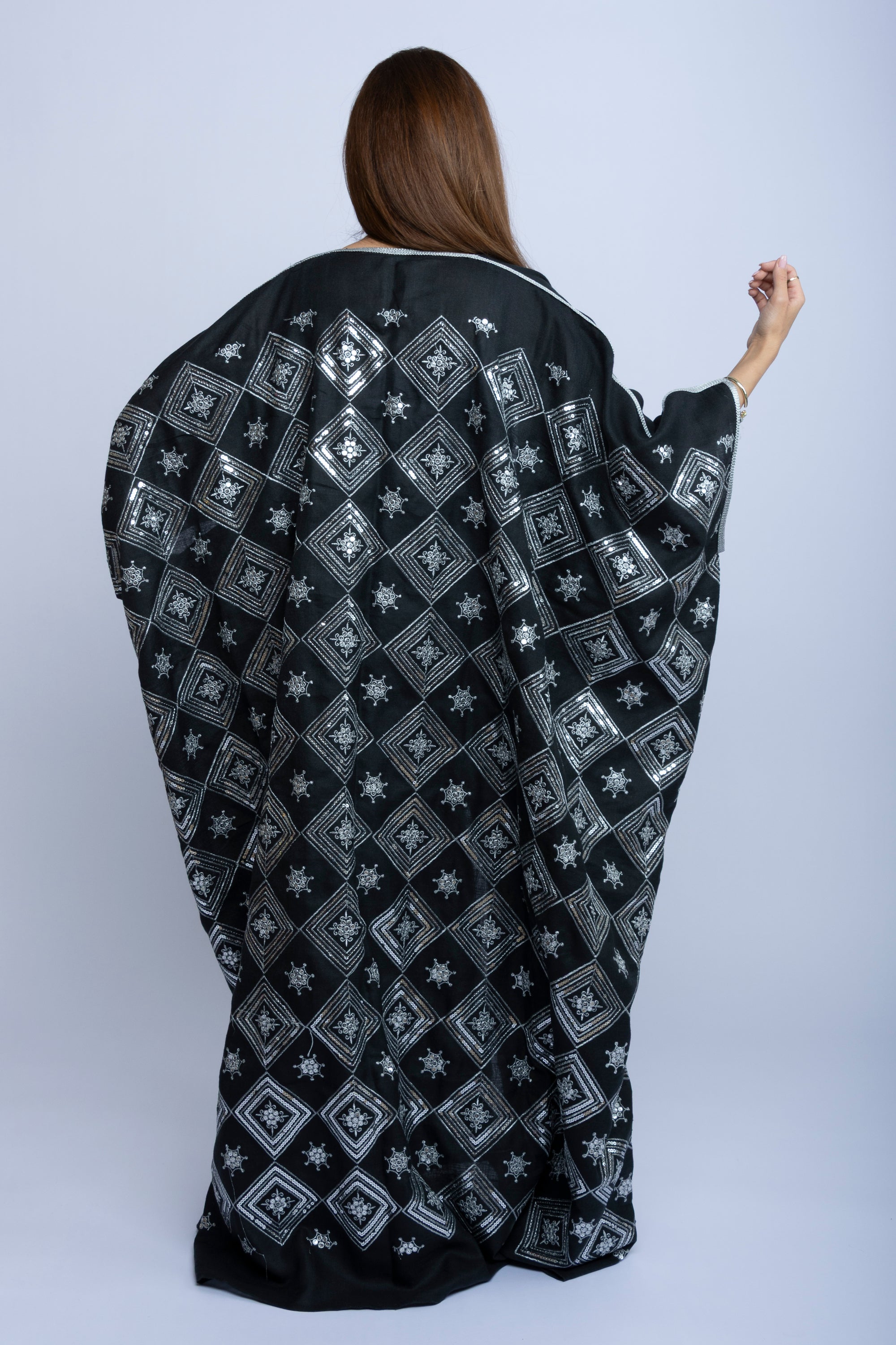 Black Cotton Bishit with Silver Geometric Embroidery