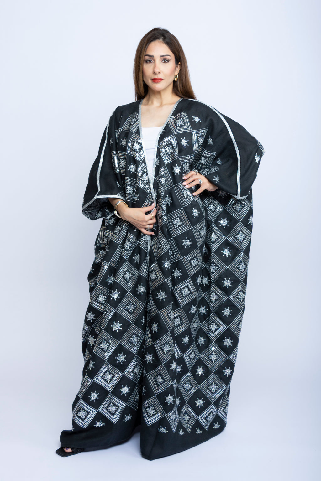 Black Cotton Bishit with Silver Geometric Embroidery