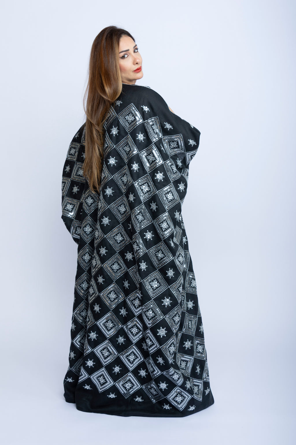 Black Cotton Bishit with Silver Geometric Embroidery