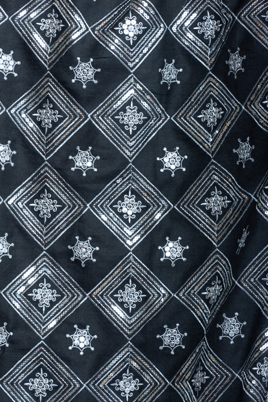 Black Cotton Bishit with Silver Geometric Embroidery