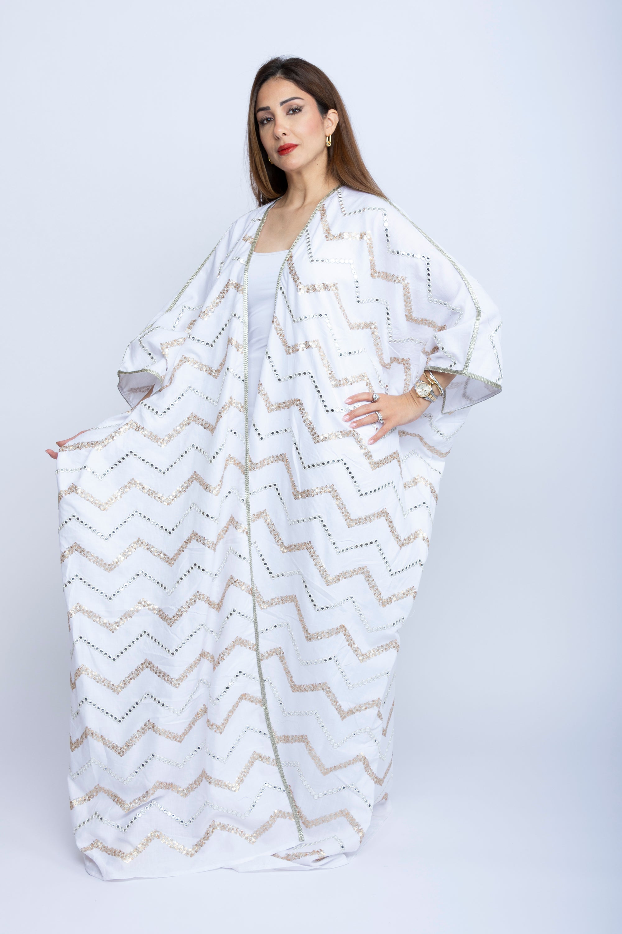 White Cotton Bishit with Light Golden & White Thread Embroidery