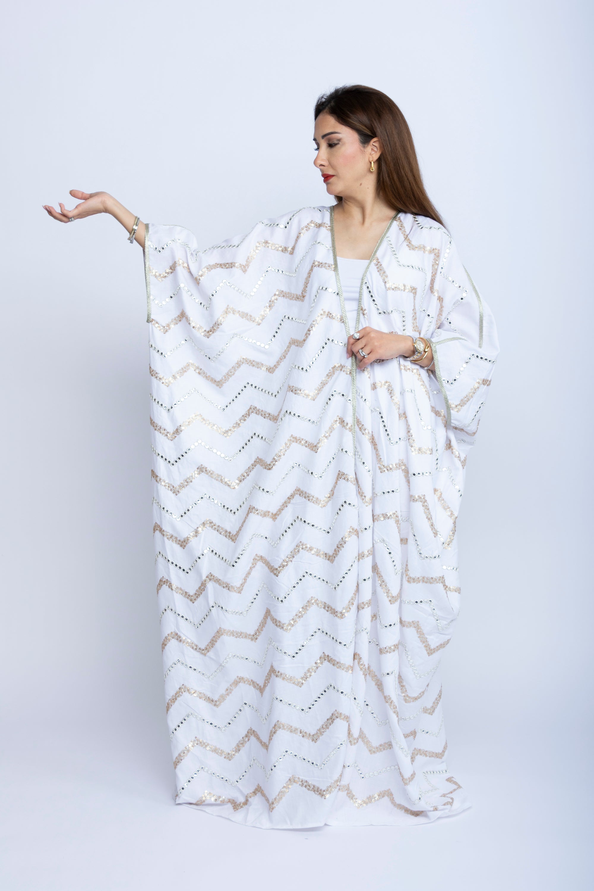 White Cotton Bishit with Light Golden & White Thread Embroidery