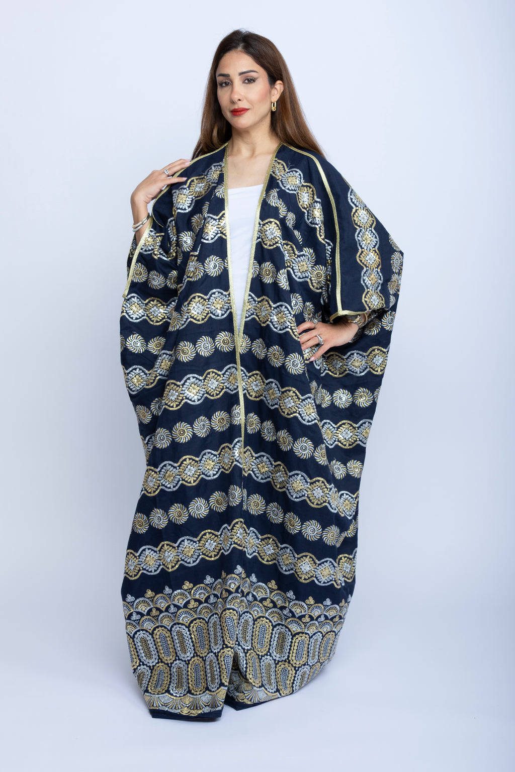 Navy Cotton Bishit with Silver & Golden Embroidery