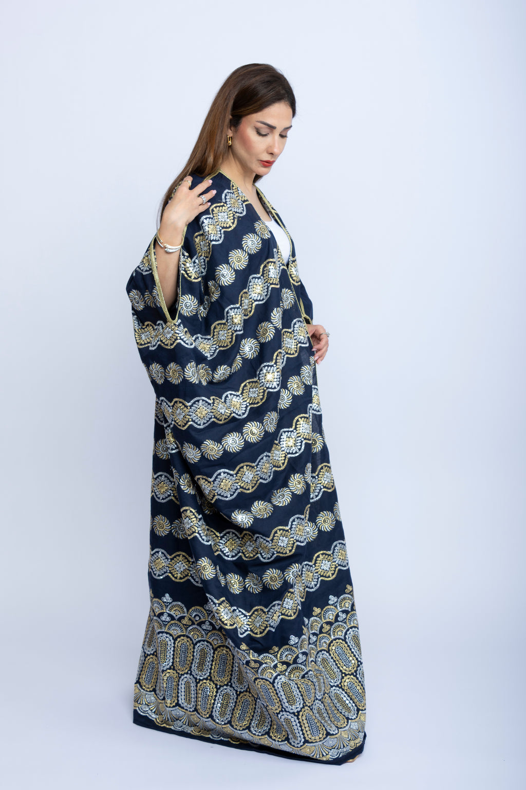 Navy Cotton Bishit with Silver & Golden Embroidery