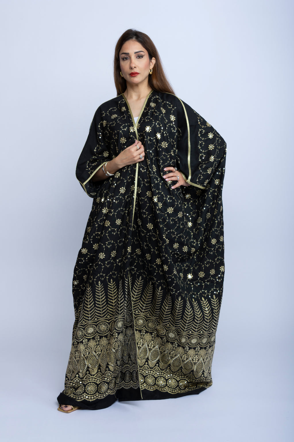 Black Cotton Bishit with Elegant Golden Embroidery