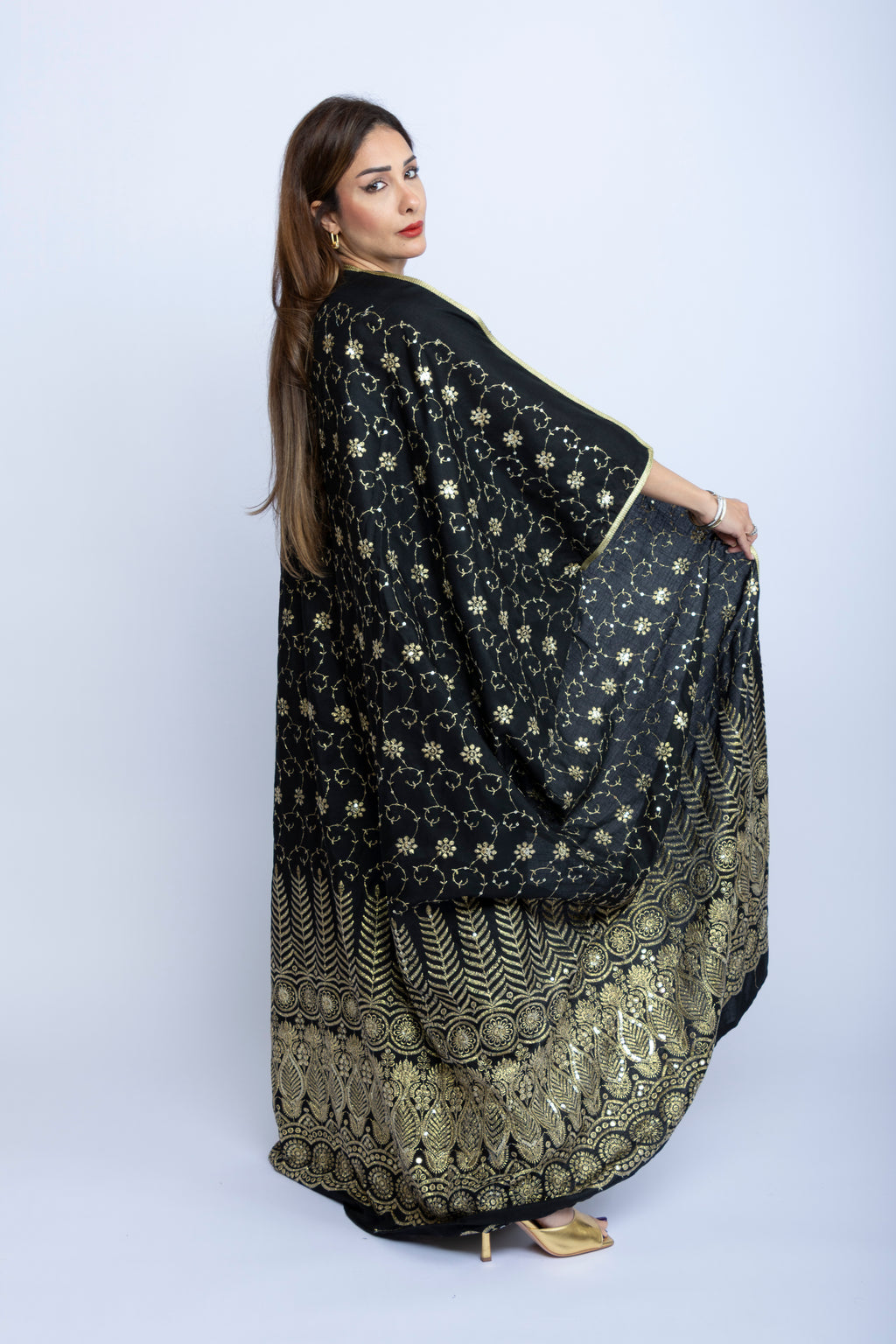 Black Cotton Bishit with Elegant Golden Embroidery