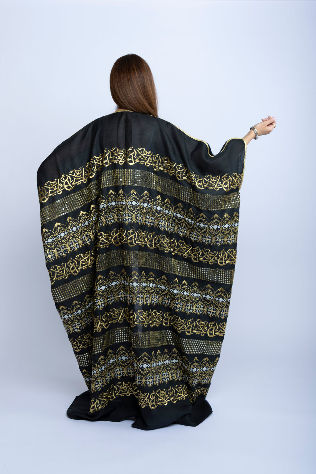 Black Cotton Bishit with Golden Arabic Lettering and Sequin Accents