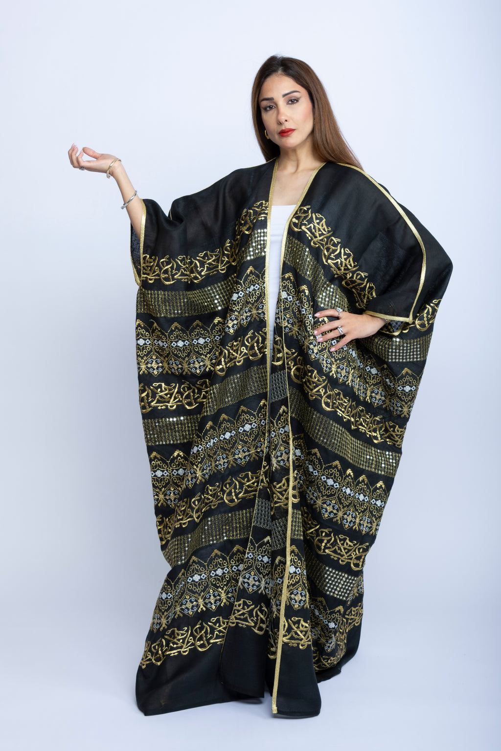 Black Cotton Bishit with Golden Arabic Lettering and Sequin Accents