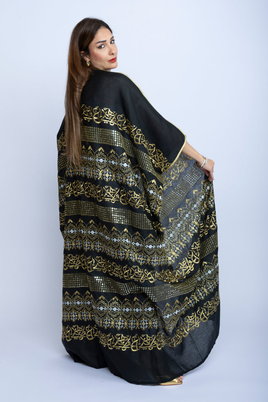 Black Cotton Bishit with Golden Arabic Lettering and Sequin Accents